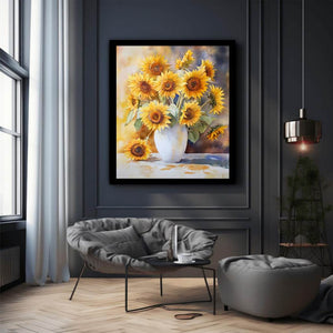 Watercolor sunflower bouquet in white vase canvas for warm farmhouse kitchen decor.