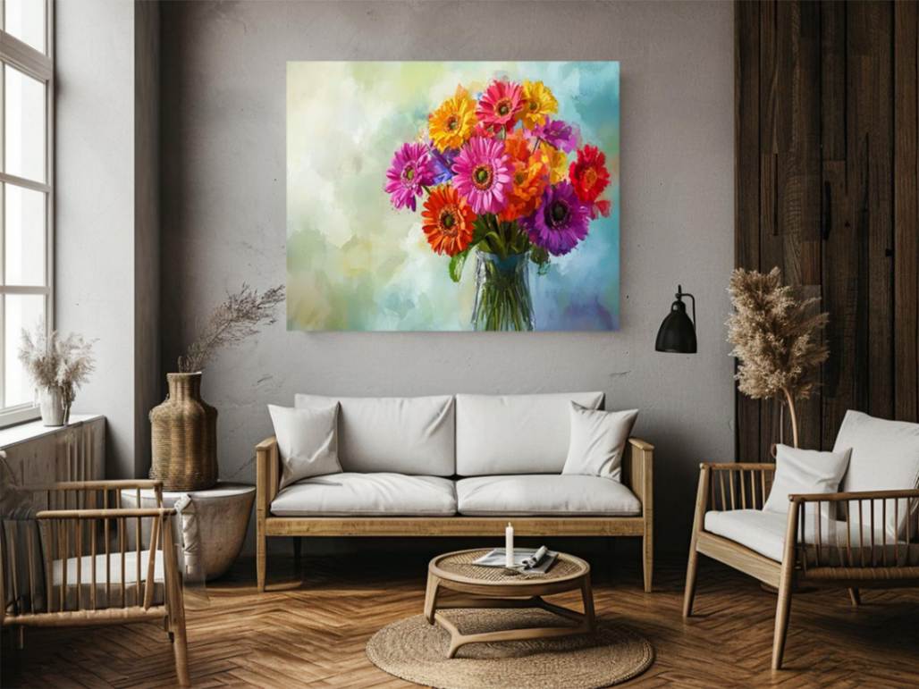 Colorful gerbera daisy bouquet in glass vase canvas for bright modern living room decor.