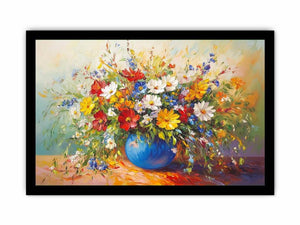 Vibrant wildflower bouquet in blue vase canvas for colorful living room wall decor.