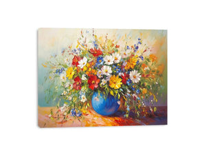 Vibrant wildflower bouquet in blue vase canvas for colorful living room wall decor.