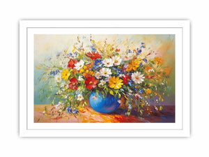 Vibrant wildflower bouquet in blue vase canvas for colorful living room wall decor.