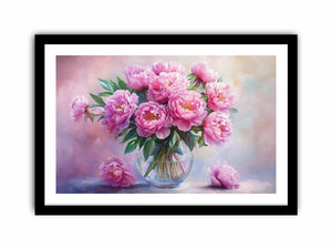 Blush pink peony bouquet in glass vase canvas for romantic bedroom wall decor.
