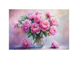Blush pink peony bouquet in glass vase canvas for romantic bedroom wall decor.