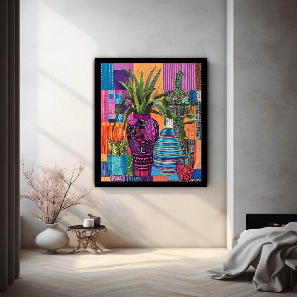 Bold patterned plant and vase canvas for eclectic modern apartment or office decor.