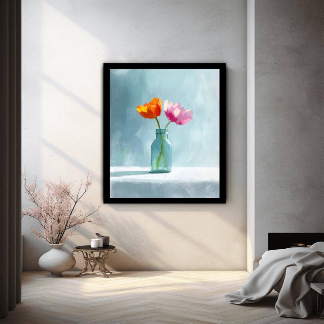 Minimal tulip flowers in glass jar canvas for calm modern bedroom or bathroom decor.