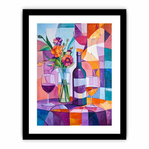 Colorful cubist wine bottle, glasses and flowers canvas for dining room or home bar decor.