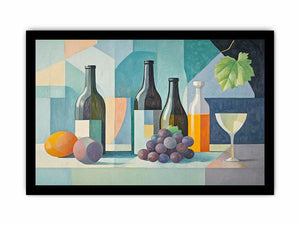 Modern cubist wine still life canvas art with bottles and grapes for dining room decor.
