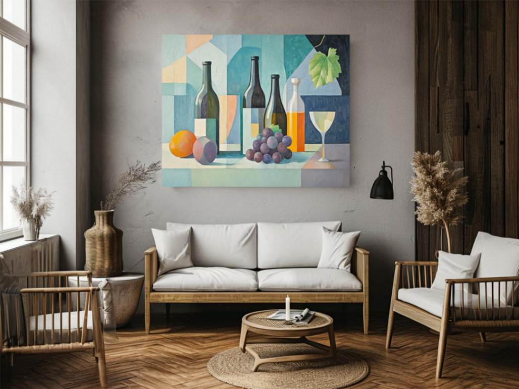 Modern cubist wine still life canvas art with bottles and grapes for dining room decor.
