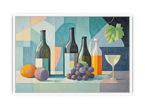 Modern cubist wine still life canvas art with bottles and grapes for dining room decor.