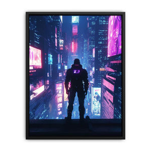 Cyberpunk neon city canvas art with futuristic figure for office or gaming room decor.