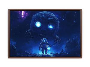 Dramatic space monster canvas art with astronaut and glowing blue eyes for media room decor.