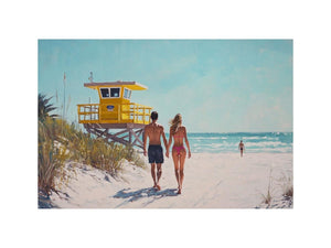 Coastal beach walk canvas art with couple and yellow lifeguard tower for bedroom decor.