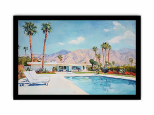 Mid century Palm Springs pool canvas art with palms and mountains for living room decor.