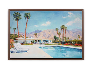 Mid century Palm Springs pool canvas art with palms and mountains for living room decor.