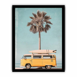 Retro surf van canvas art with palm tree and surfboard for beach house wall decor.