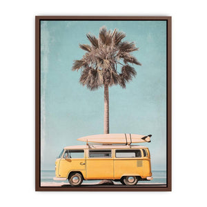 Retro surf van canvas art with palm tree and surfboard for beach house wall decor.