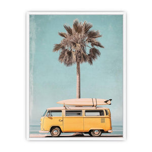 Retro surf van canvas art with palm tree and surfboard for beach house wall decor.