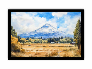 Snow Peak Meadow a snow-capped mountain rising above golden meadow grasses, evergreen trees, small barns, open sky, and a qu
