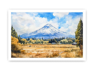 Snow Peak Meadow a snow-capped mountain rising above golden meadow grasses, evergreen trees, small barns, open sky, and a qu