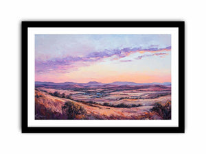 Sunset mountain valley canvas art with rose tones for elegant living room decor.