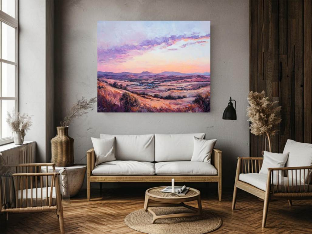 Sunset mountain valley canvas art with rose tones for elegant living room decor.