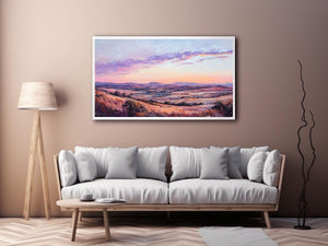 Sunset mountain valley canvas art with rose tones for elegant living room decor.