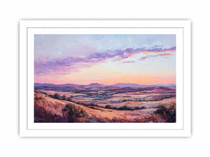 Sunset mountain valley canvas art with rose tones for elegant living room decor.