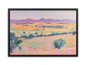 Pastel countryside canvas art with fields and mountains for farmhouse living room decor.