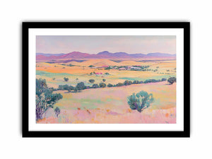 Pastel countryside canvas art with fields and mountains for farmhouse living room decor.