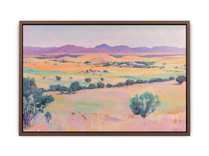 Pastel countryside canvas art with fields and mountains for farmhouse living room decor.