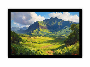 Vibrant green mountain canvas art for modern living room and office decor.