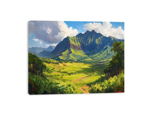 Vibrant green mountain canvas art for modern living room and office decor.