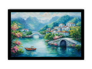 Romantic village bridge canvas art with blue water for elegant living room decor.