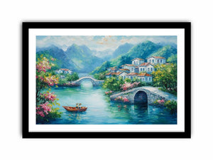 Romantic village bridge canvas art with blue water for elegant living room decor.