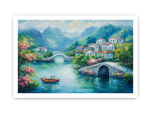 Romantic village bridge canvas art with blue water for elegant living room decor.