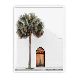 Minimal palm tree doorway canvas art for coastal entryway and hallway decor.