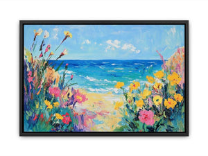 Colorful coastal flower canvas art with ocean view for beach house living room decor.