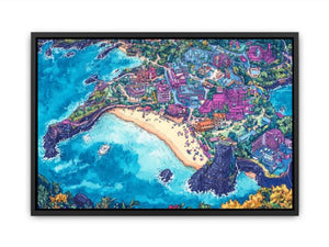 Vibrant aerial island city canvas art with beach and ocean for creative room decor.
