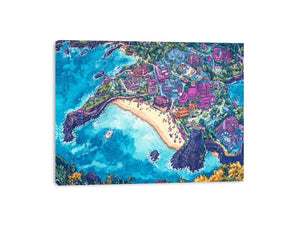 Vibrant aerial island city canvas art with beach and ocean for creative room decor.