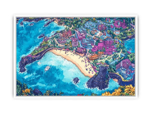 Vibrant aerial island city canvas art with beach and ocean for creative room decor.