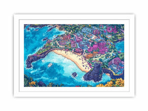 Vibrant aerial island city canvas art with beach and ocean for creative room decor.