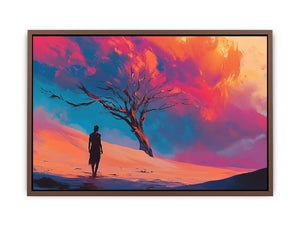 Surreal desert canvas art with lone figure and crimson clouds for bold modern decor.