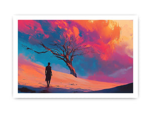 Surreal desert canvas art with lone figure and crimson clouds for bold modern decor.