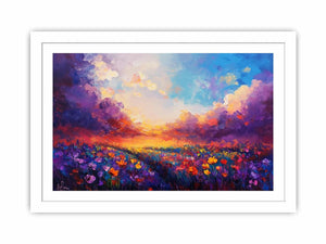 Colorful abstract meadow canvas art with sunset flowers for living room wall decor.
