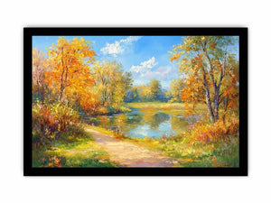 Impressionist autumn river canvas art with golden trees for warm living room decor.