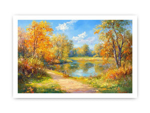 Impressionist autumn river canvas art with golden trees for warm living room decor.