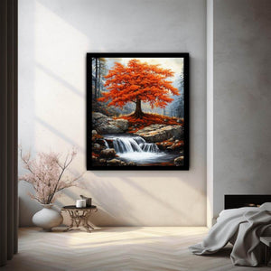 Vertical autumn waterfall canvas art with red tree for rustic modern living room decor.