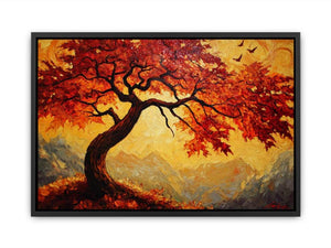 Expressive autumn tree canvas art with amber leaves for warm living room wall decor.