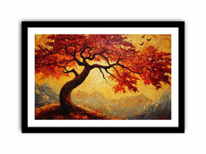 Expressive autumn tree canvas art with amber leaves for warm living room wall decor.