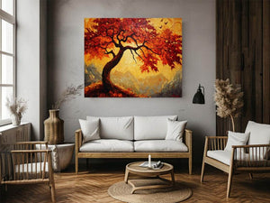 Expressive autumn tree canvas art with amber leaves for warm living room wall decor.